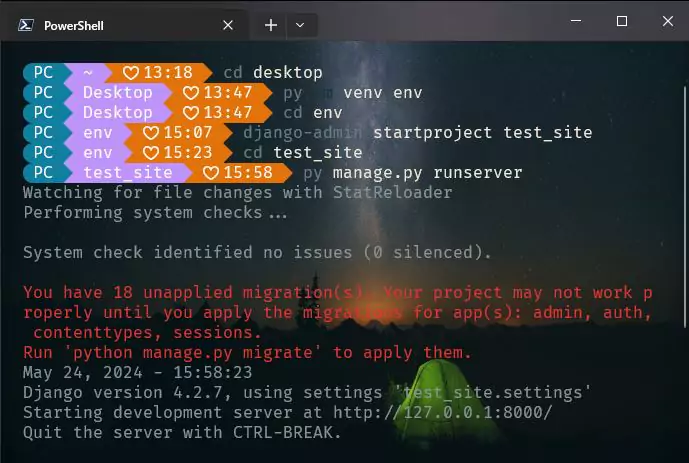 An image showing how to start django server on local machine